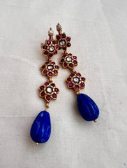 Gold polish kundan and ruby earrings with blue lapiz beads-Earrings-CI-House of Taamara