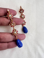 Gold polish kundan and ruby earrings with blue lapiz beads-Earrings-CI-House of Taamara