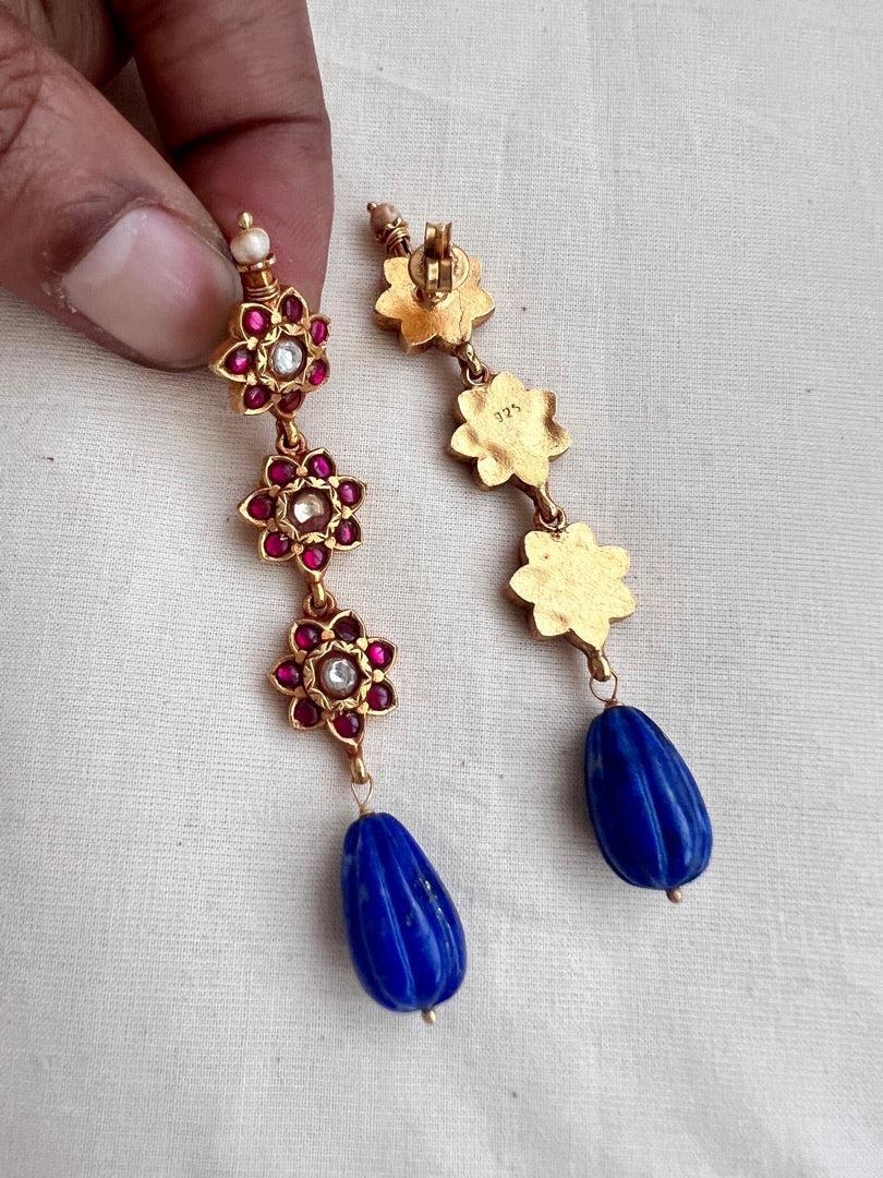 Gold polish kundan and ruby earrings with blue lapiz beads-Earrings-CI-House of Taamara