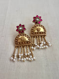 Gold polish kundan and ruby earrings with pearls-Earrings-CI-House of Taamara