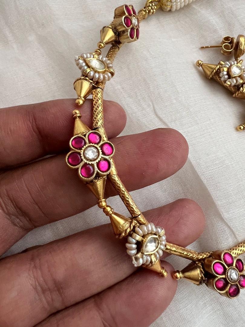Gold polish kundan and ruby flower motif necklace with earrings, SET-Silver Neckpiece-CI-House of Taamara