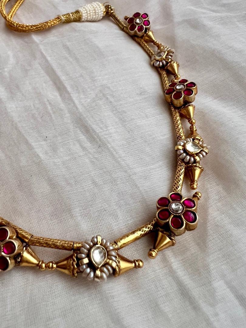 Gold polish kundan and ruby flower motif necklace with earrings, SET-Silver Neckpiece-CI-House of Taamara