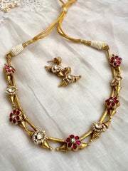 Gold polish kundan and ruby flower motif necklace with earrings, SET-Silver Neckpiece-CI-House of Taamara