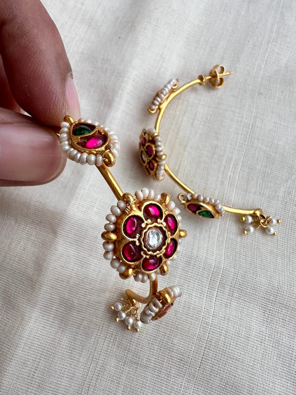 Gold polish kundan and ruby half hoop earrings-Earrings-CI-House of Taamara