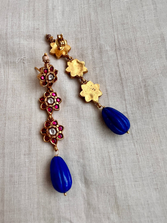 Gold polish kundan and ruby hangings with blue beads-Earrings-CI-House of Taamara