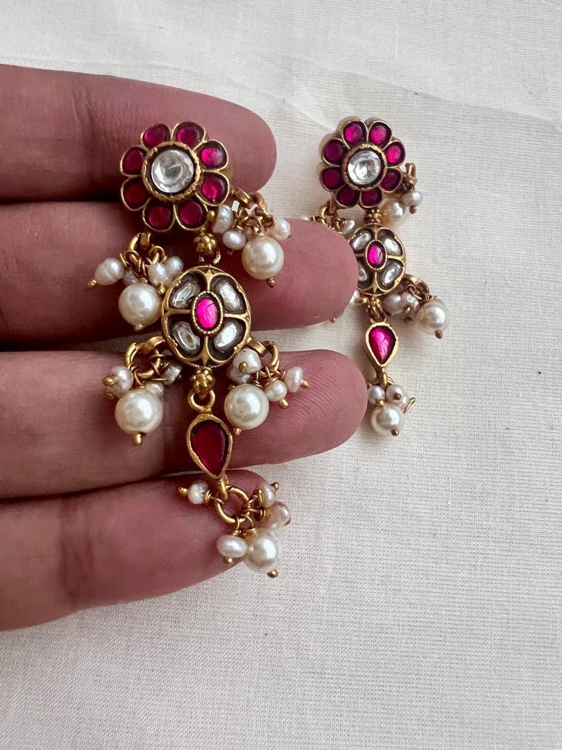 Gold polish kundan and ruby hangings with pearls-Earrings-CI-House of Taamara