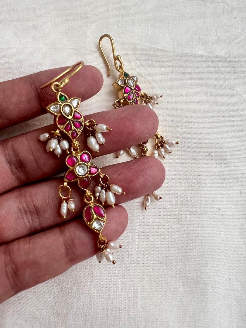 Gold polish kundan and ruby hangings with pearls-Earrings-CI-House of Taamara