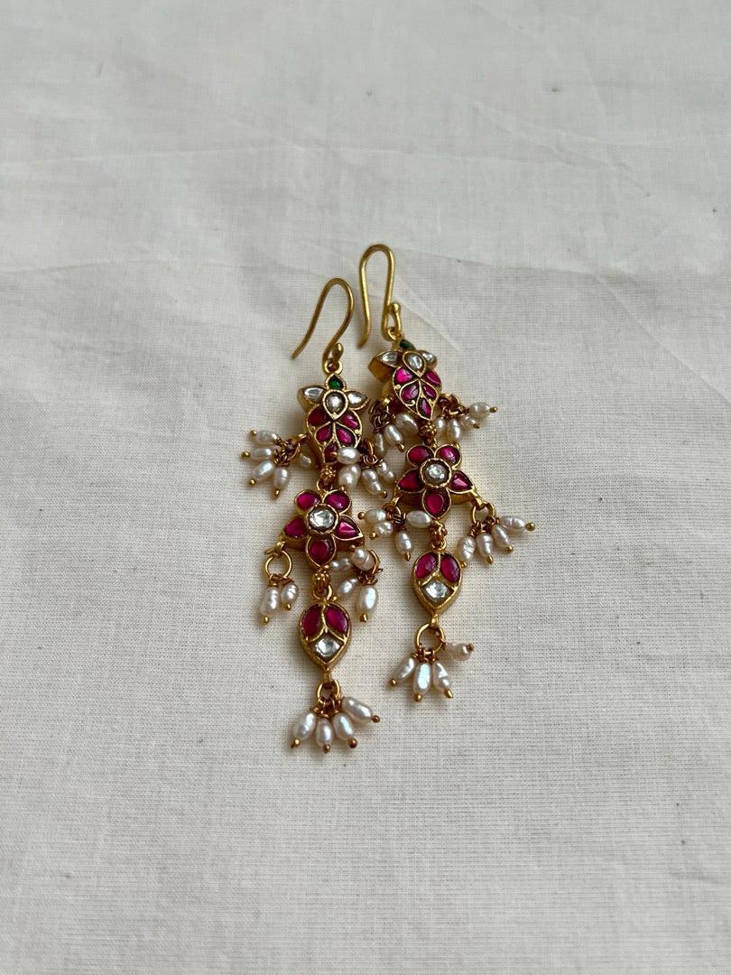 Gold polish kundan and ruby hangings with pearls-Earrings-CI-House of Taamara