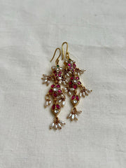 Gold polish kundan and ruby hangings with pearls-Earrings-CI-House of Taamara
