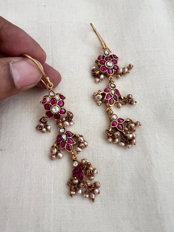 Gold polish kundan and ruby hangings with pearls-Earrings-CI-House of Taamara