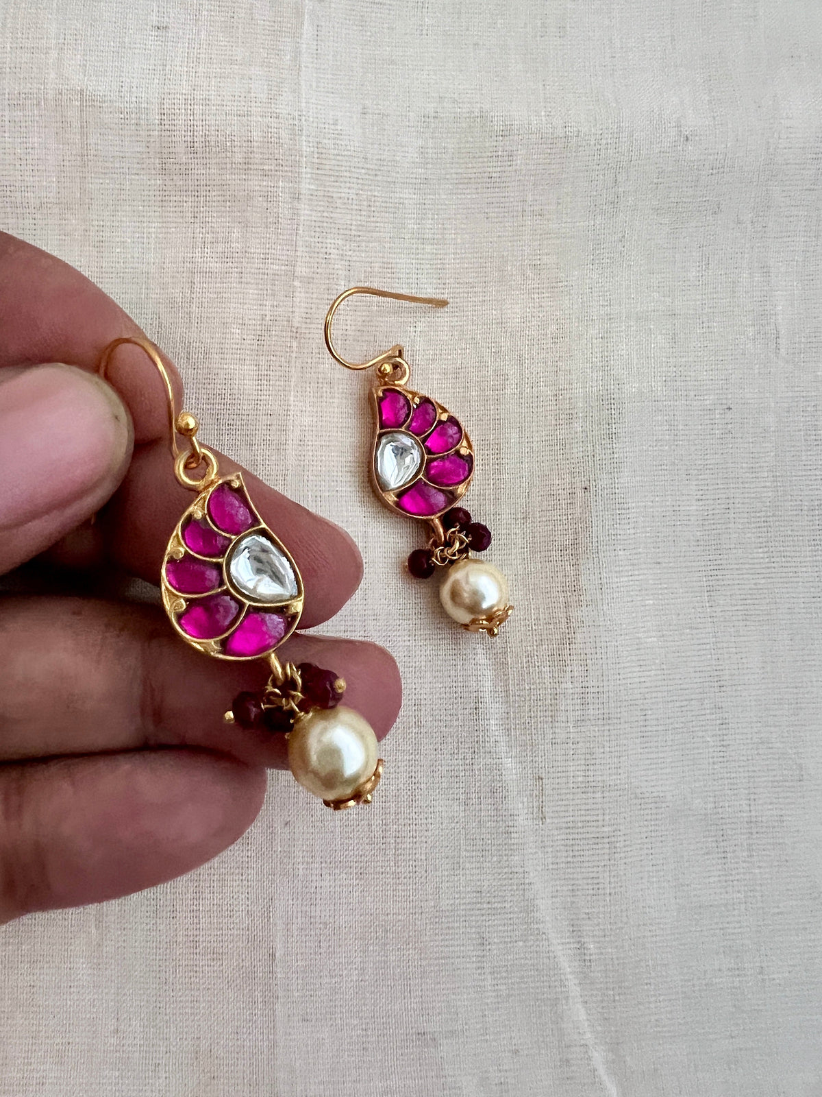 Gold polish kundan and ruby hook earrings with pearls-Earrings-CI-House of Taamara