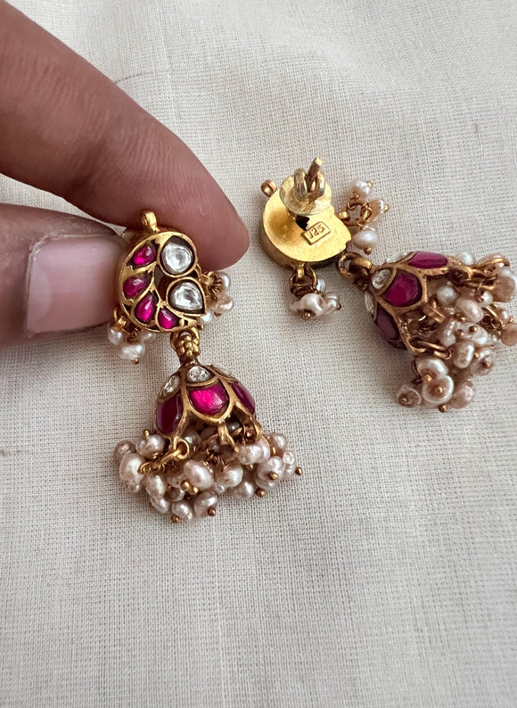 Gold polish kundan and ruby jhumkas with pearls-Earrings-CI-House of Taamara