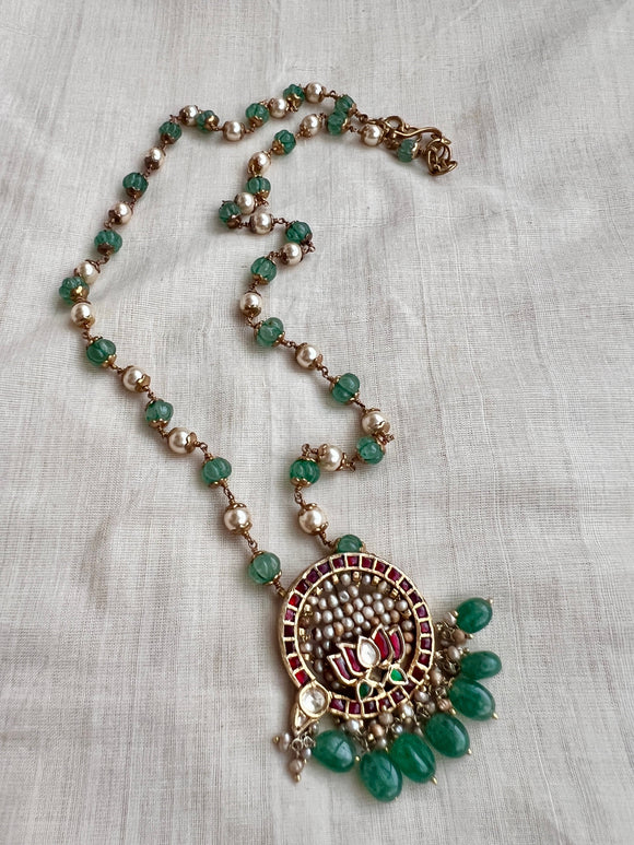 Gold polish kundan and ruby lotus pendant chain with pearls and jade beads-Silver Neckpiece-CI-House of Taamara