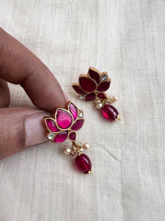 Gold polish kundan and ruby lotus studs with ruby drops-Earrings-CI-House of Taamara