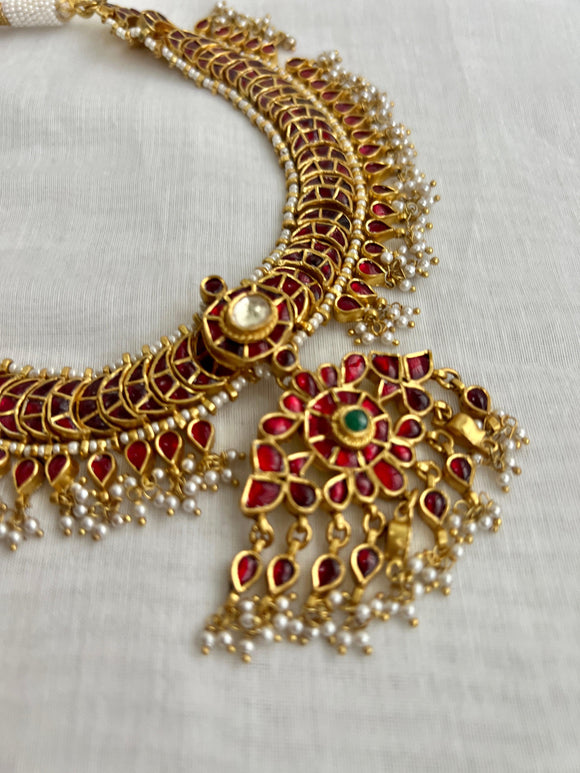Gold polish kundan and ruby necklace with pearls-Silver Neckpiece-CI-House of Taamara