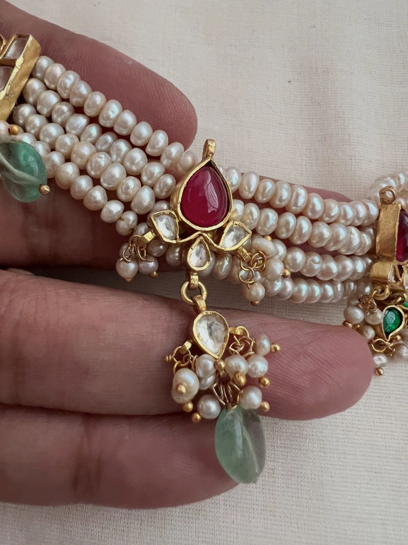 Gold polish kundan and ruby pendant with jade beads & pearls necklace-Silver Neckpiece-CI-House of Taamara