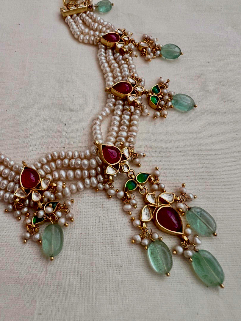 Gold polish kundan and ruby pendant with jade beads & pearls necklace-Silver Neckpiece-CI-House of Taamara