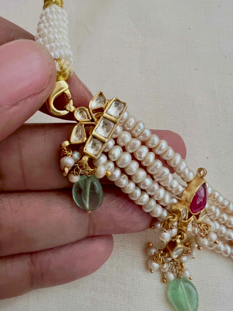Gold polish kundan and ruby pendant with jade beads & pearls necklace-Silver Neckpiece-CI-House of Taamara