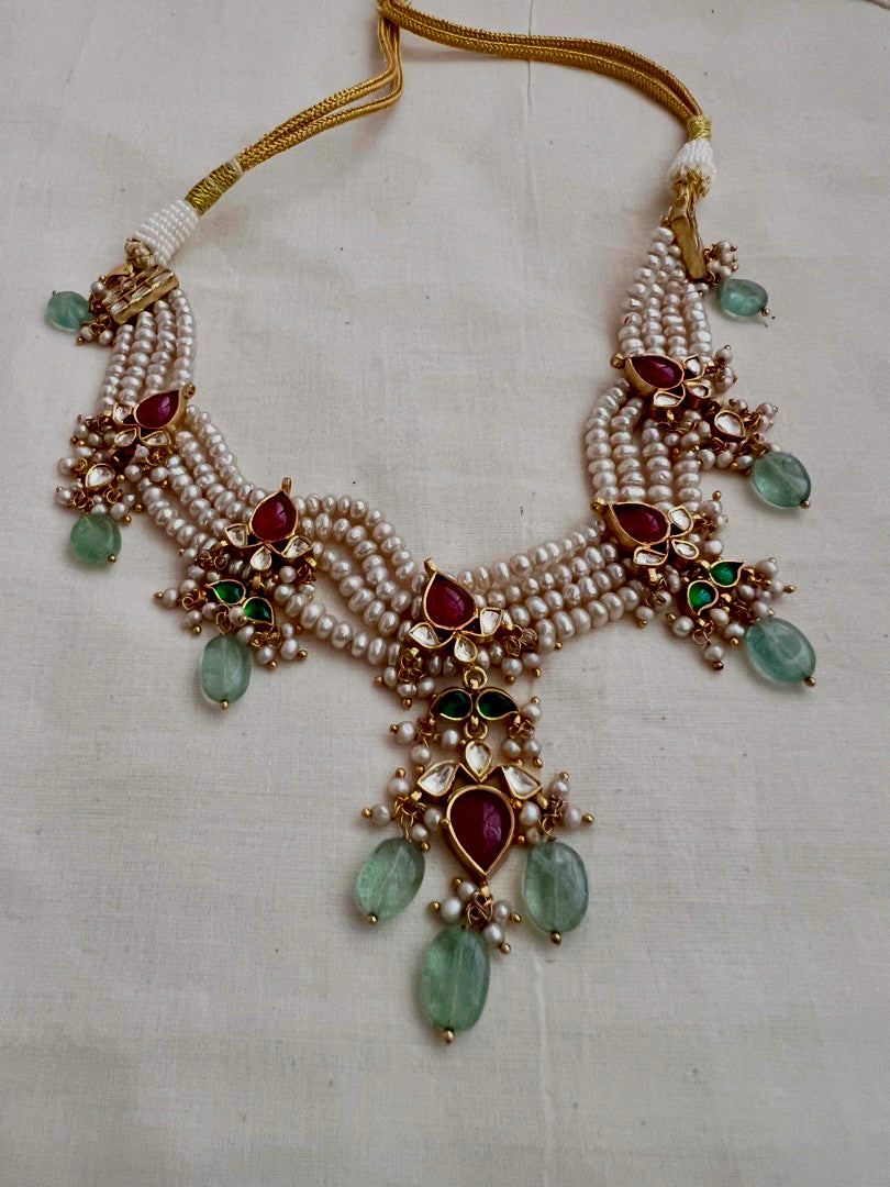 Gold polish kundan and ruby pendant with jade beads & pearls necklace-Silver Neckpiece-CI-House of Taamara
