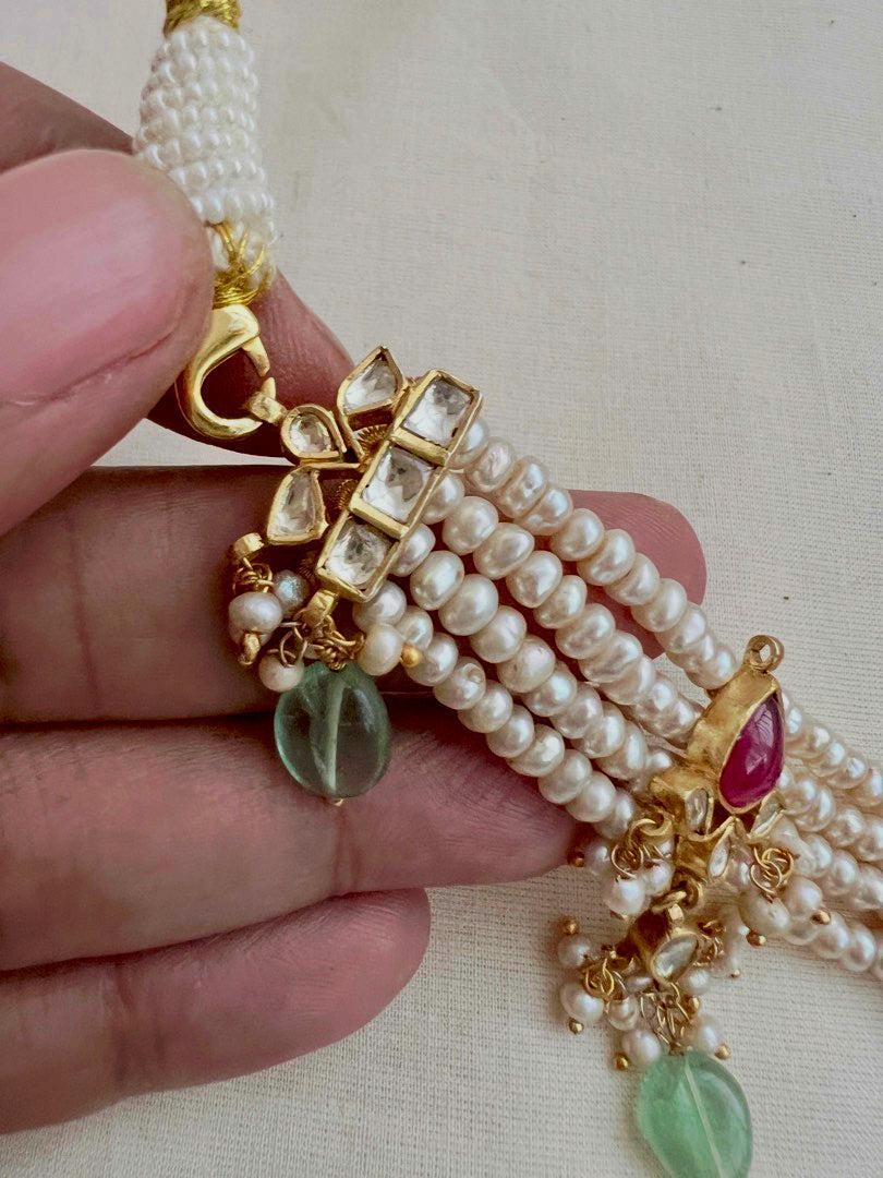 Gold polish kundan and ruby pendant with jade beads & pearls necklace-Silver Neckpiece-CI-House of Taamara