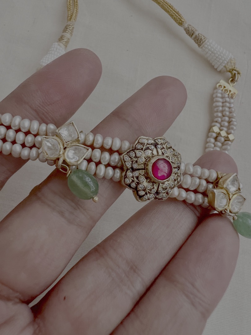 Gold polish kundan and ruby pendant with pearls choker-Silver Neckpiece-CI-House of Taamara