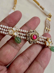 Gold polish kundan and ruby pendant with pearls choker-Silver Neckpiece-CI-House of Taamara