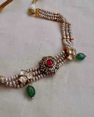 Gold polish kundan and ruby pendant with pearls choker-Silver Neckpiece-CI-House of Taamara