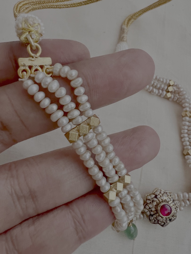 Gold polish kundan and ruby pendant with pearls choker-Silver Neckpiece-CI-House of Taamara