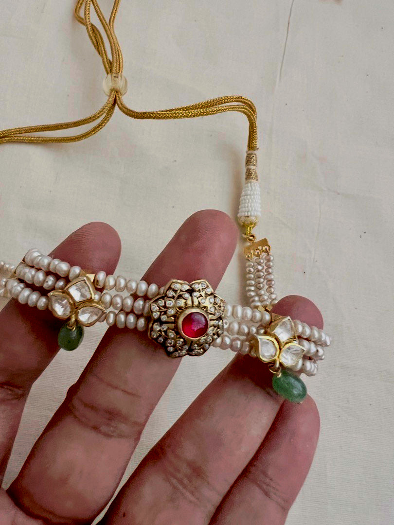Gold polish kundan and ruby pendant with pearls choker-Silver Neckpiece-CI-House of Taamara
