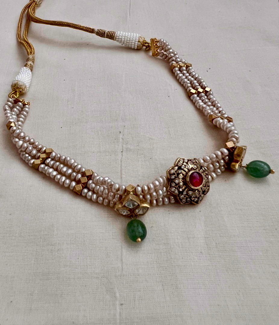 Gold polish kundan and ruby pendant with pearls choker-Silver Neckpiece-CI-House of Taamara