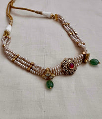 Gold polish kundan and ruby pendant with pearls choker-Silver Neckpiece-CI-House of Taamara
