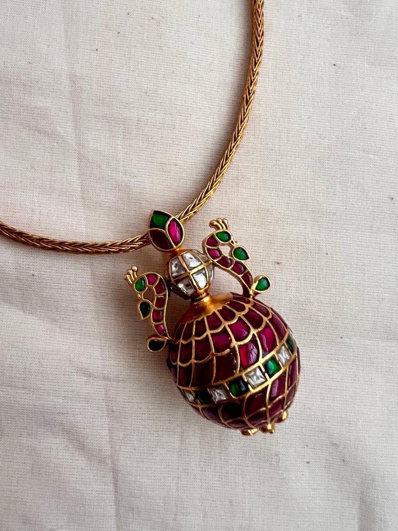 Gold polish kundan and ruby pendant with woven gold chain-Silver Neckpiece-CI-House of Taamara