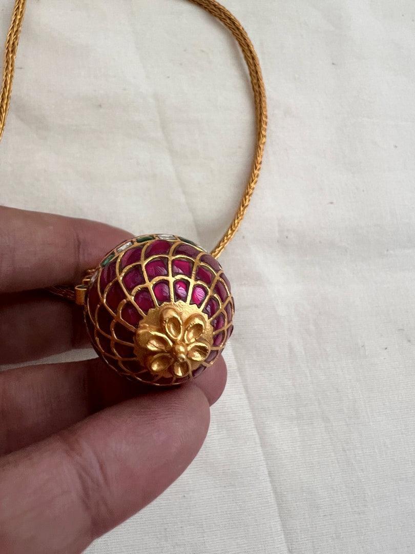 Gold polish kundan and ruby pendant with woven gold chain-Silver Neckpiece-CI-House of Taamara