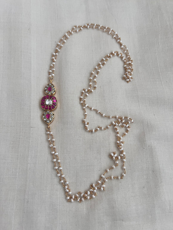 Gold polish kundan and ruby side mope with pearls long chain-Silver Neckpiece-CI-House of Taamara