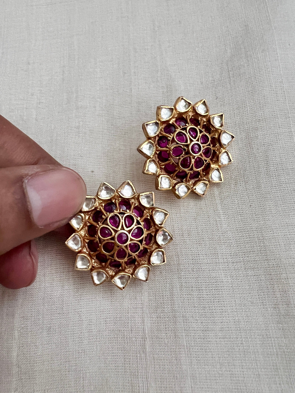 Gold polish kundan and ruby studs-Earrings-CI-House of Taamara