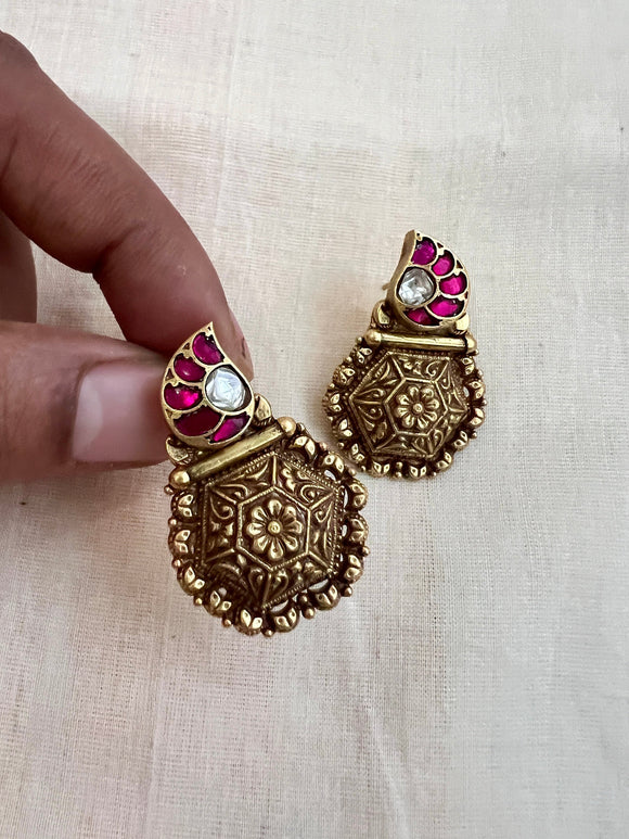 Gold polish kundan and ruby studs-Earrings-CI-House of Taamara