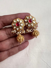 Gold polish kundan and ruby studs with pearls-Earrings-CI-House of Taamara