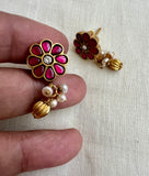 Gold polish kundan and ruby studs with pearls-Earrings-CI-House of Taamara