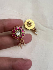 Gold polish kundan and ruby studs with pearls-Earrings-CI-House of Taamara