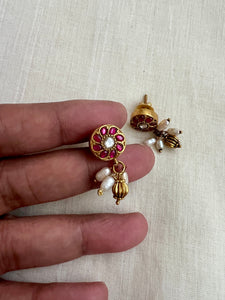 Gold polish kundan and ruby studs with pearls-Earrings-CI-House of Taamara