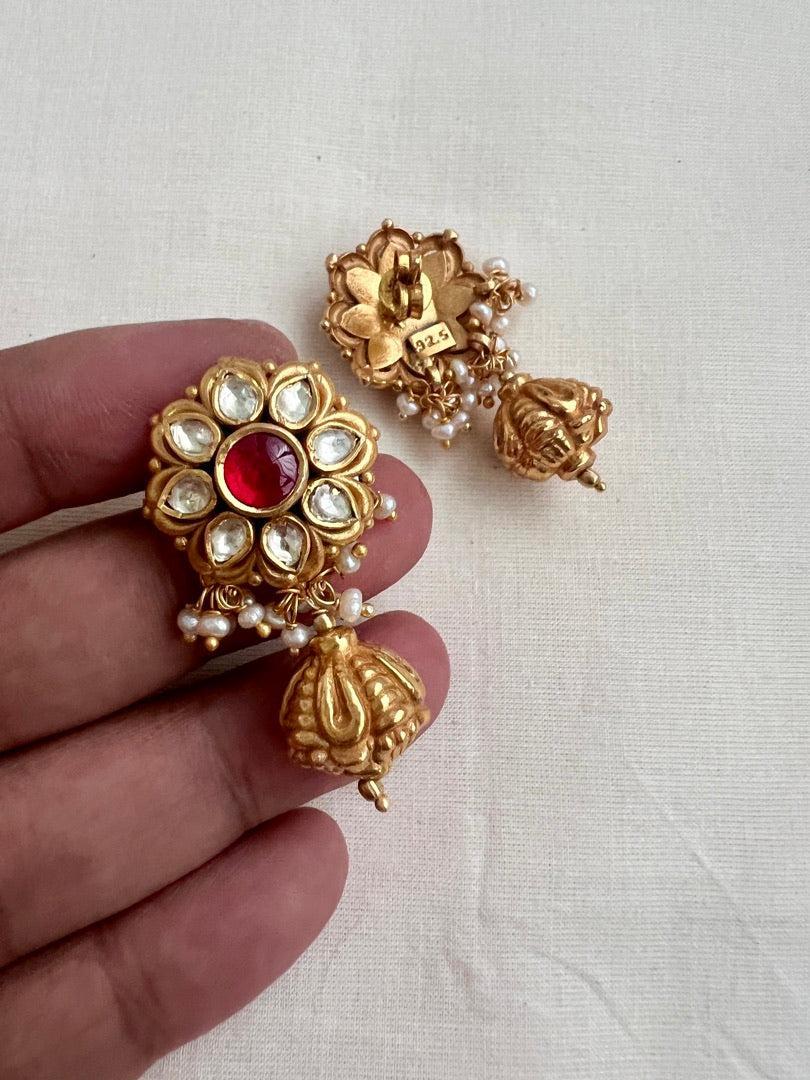 Gold polish kundan and ruby studs with pearls-Earrings-CI-House of Taamara