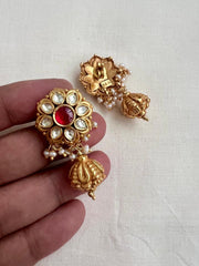Gold polish kundan and ruby studs with pearls-Earrings-CI-House of Taamara