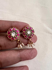 Gold polish kundan and ruby studs with pearls-Earrings-CI-House of Taamara