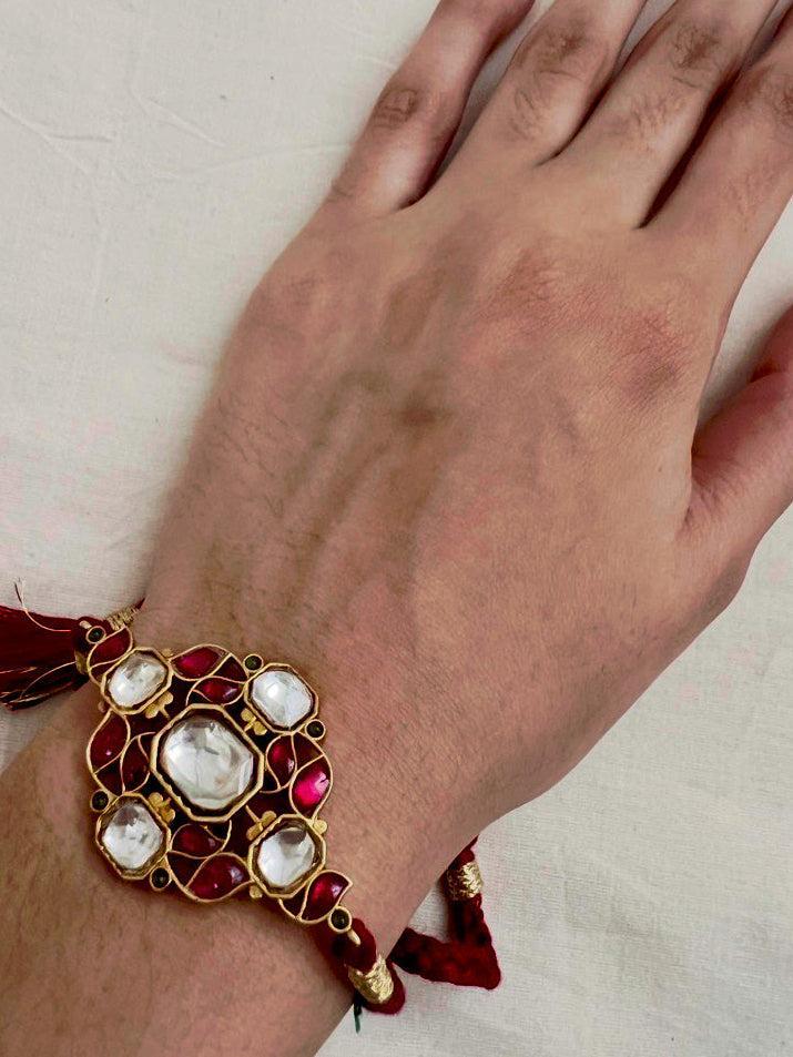 Gold polish kundan and ruby threaded bracelet-Silver Bracelet-CI-House of Taamara