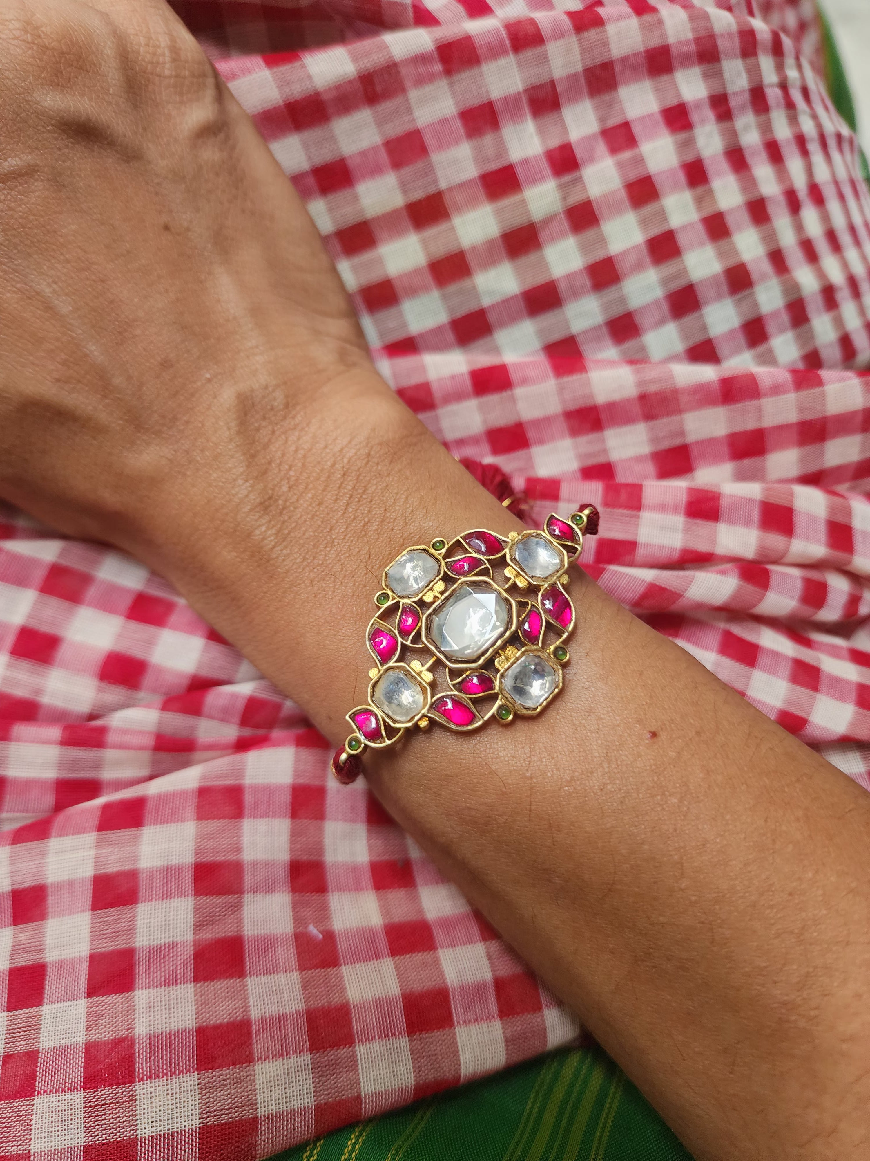 Gold polish kundan and ruby threaded bracelet-Silver Bracelet-CI-House of Taamara