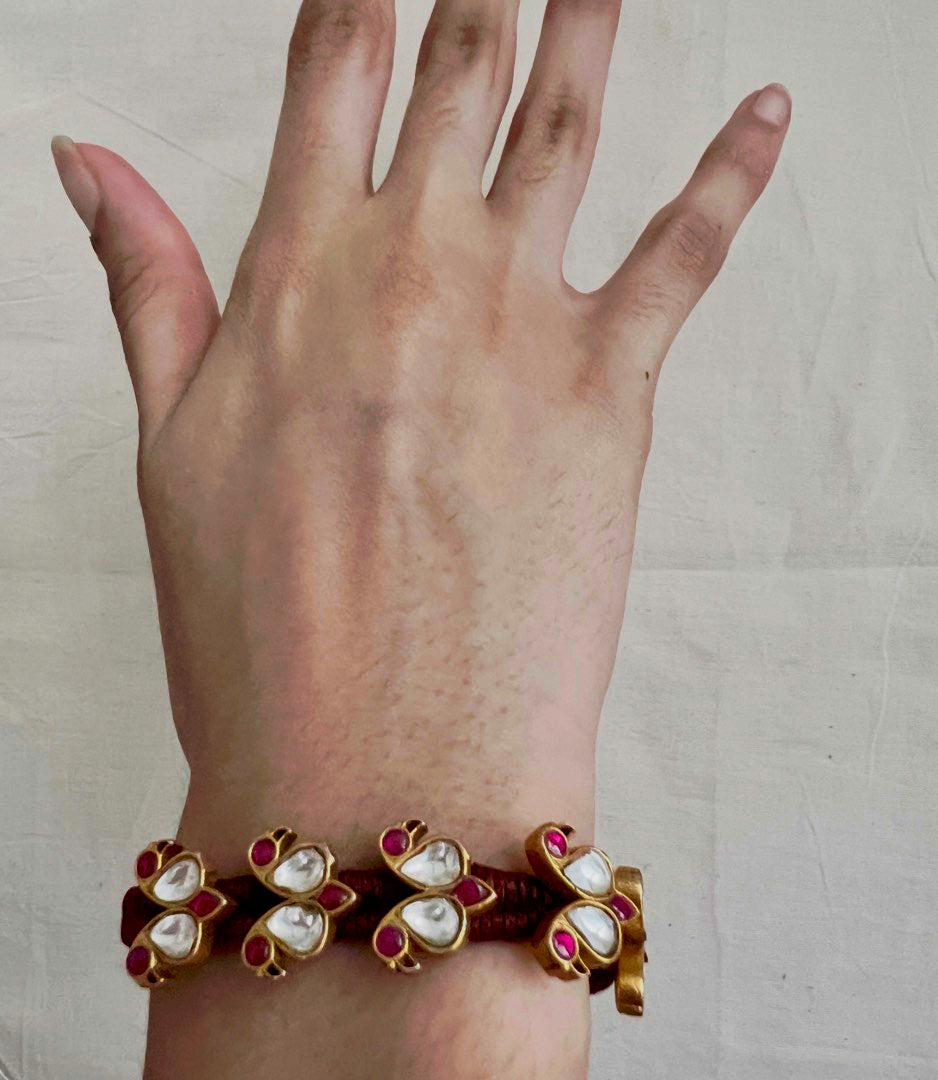 Gold polish kundan and ruby threaded bracelet-Silver Bracelet-CI-House of Taamara