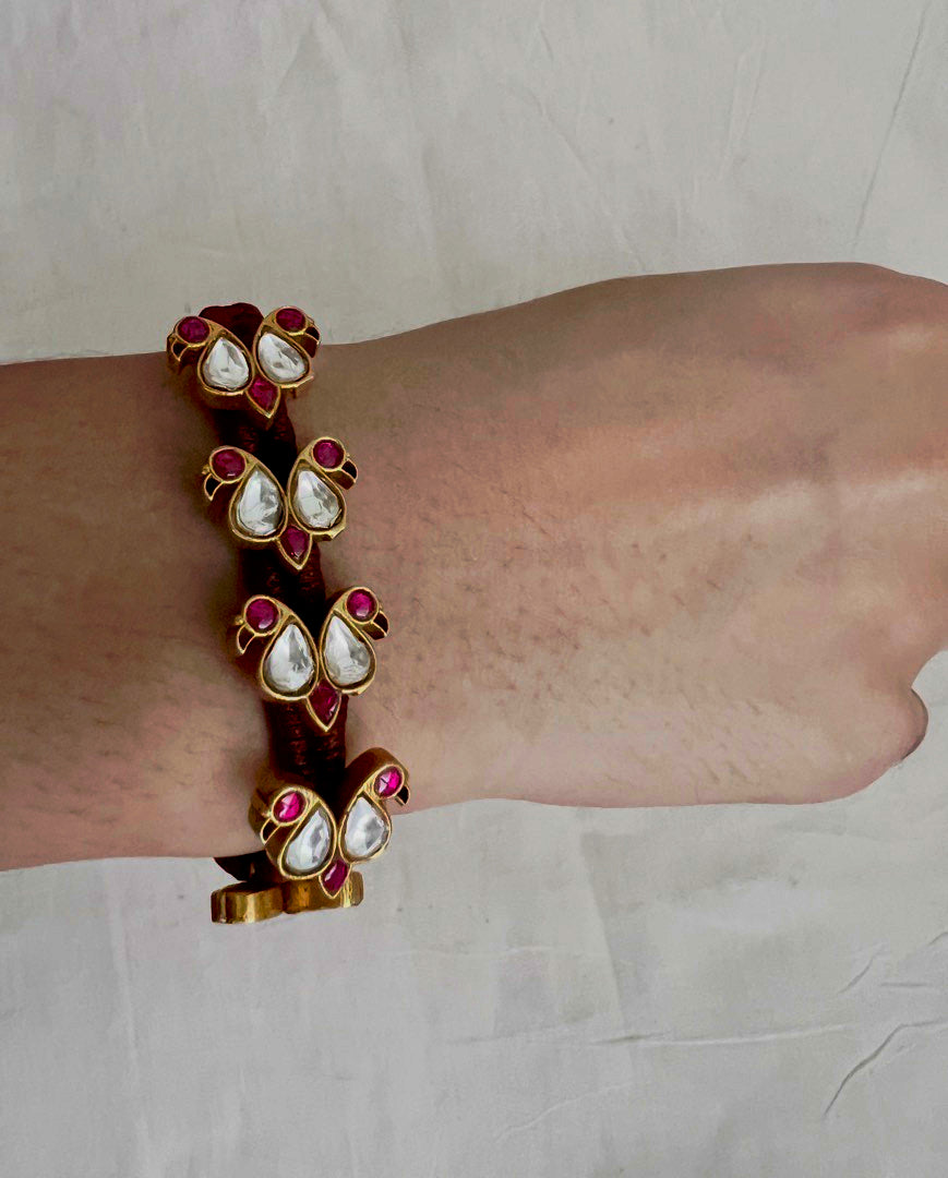 Gold polish kundan and ruby threaded bracelet-Silver Bracelet-CI-House of Taamara