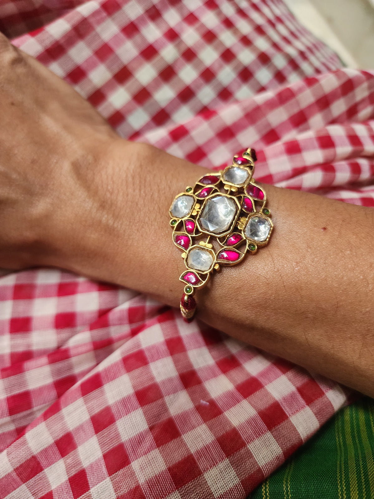 Gold polish kundan and ruby threaded bracelet-Silver Bracelet-CI-House of Taamara