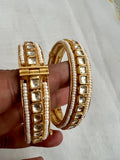 Gold polish kundan bangles with pearls, pair-Silver Bracelet-CI-House of Taamara
