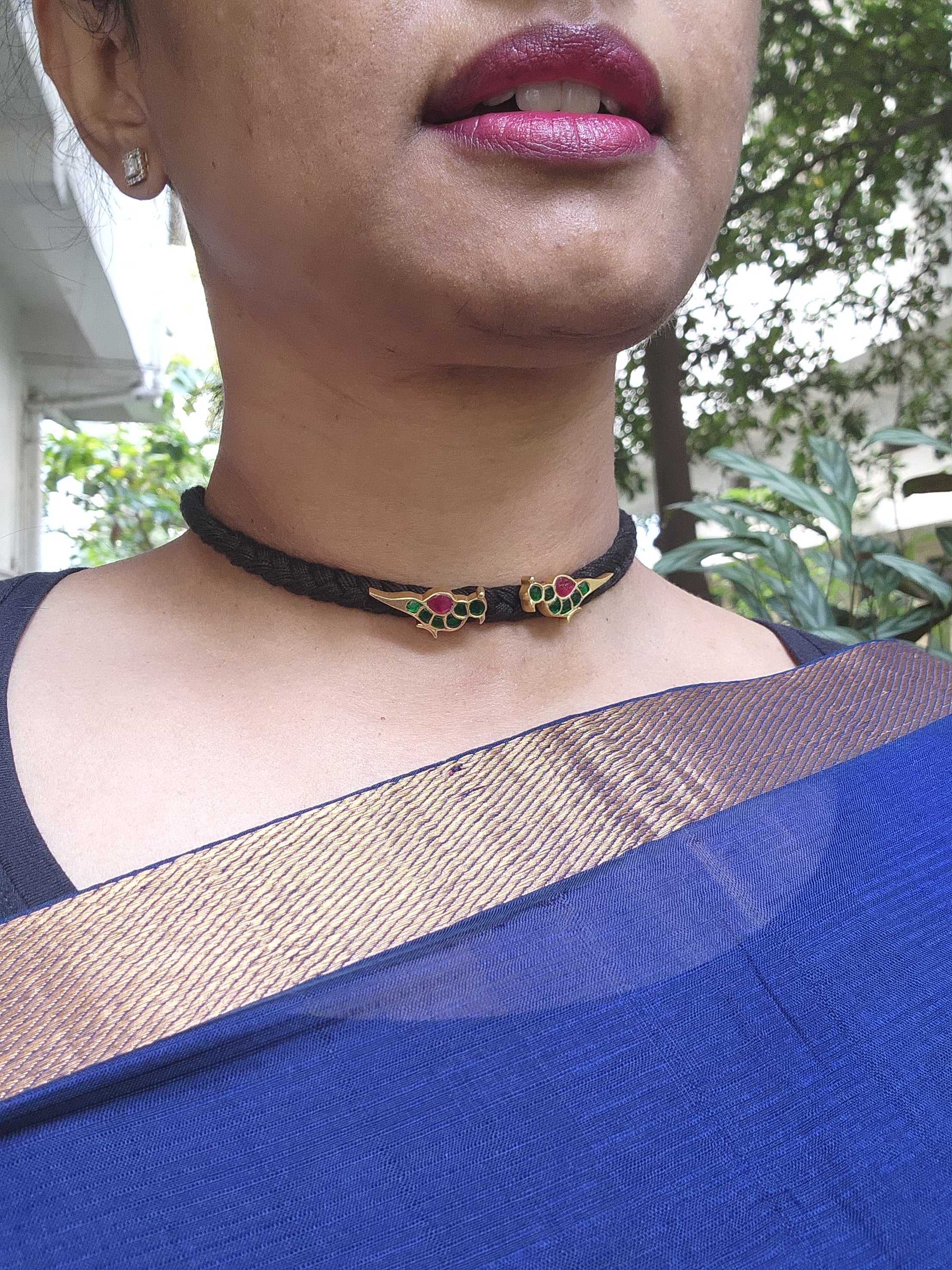 Gold polish kundan birds in black threaded necklace-Silver Neckpiece-CI-House of Taamara